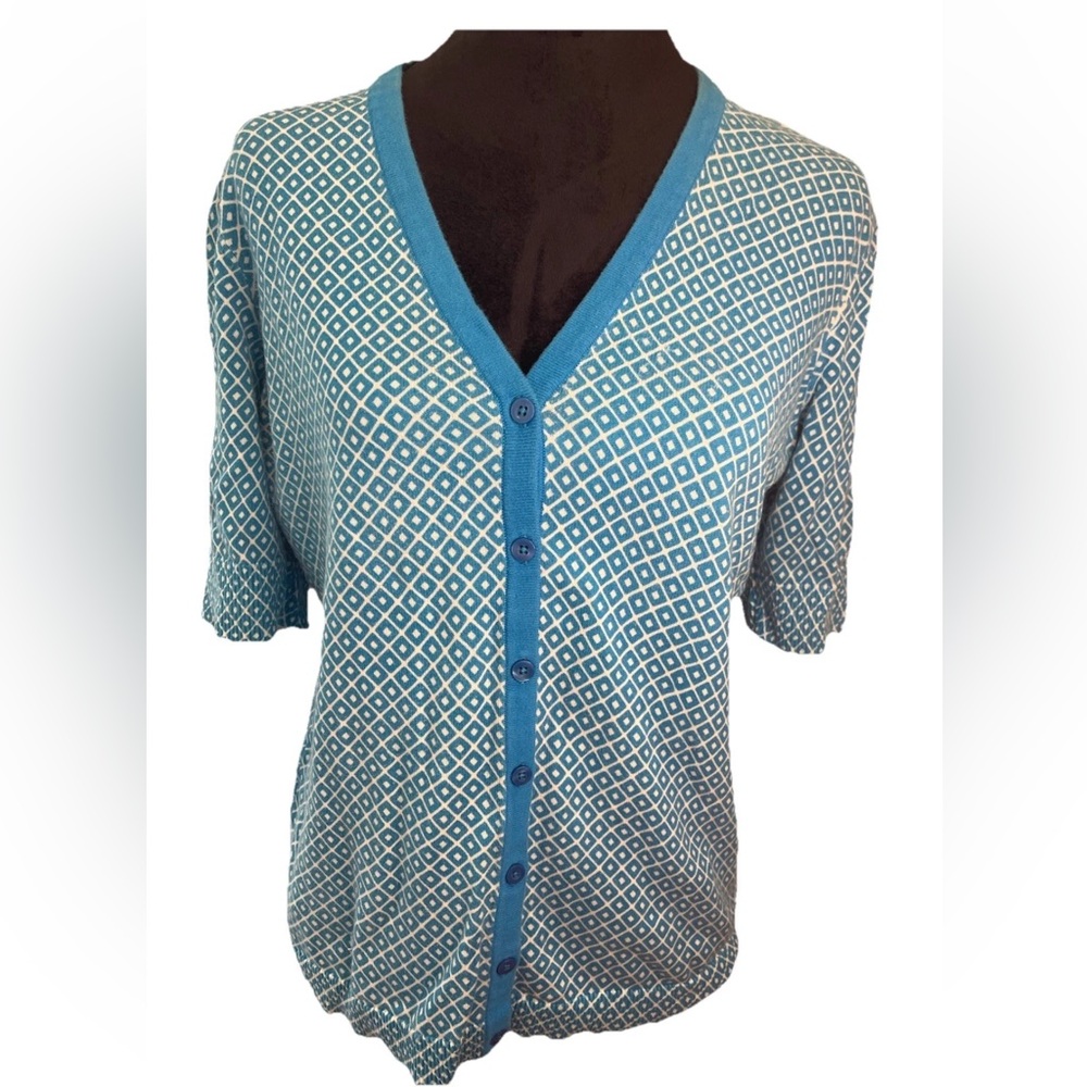 Ann Taylor blue white diamond pattern short sleeve sweater ladies size LG cotton